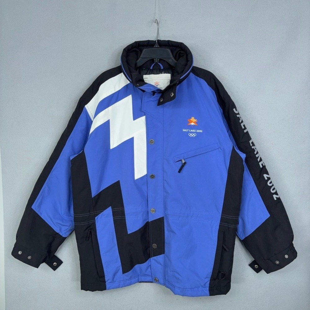 Salt Lake 2002 Olympics Ski Jacket Mens Large Blue Geometric Winter Marker
